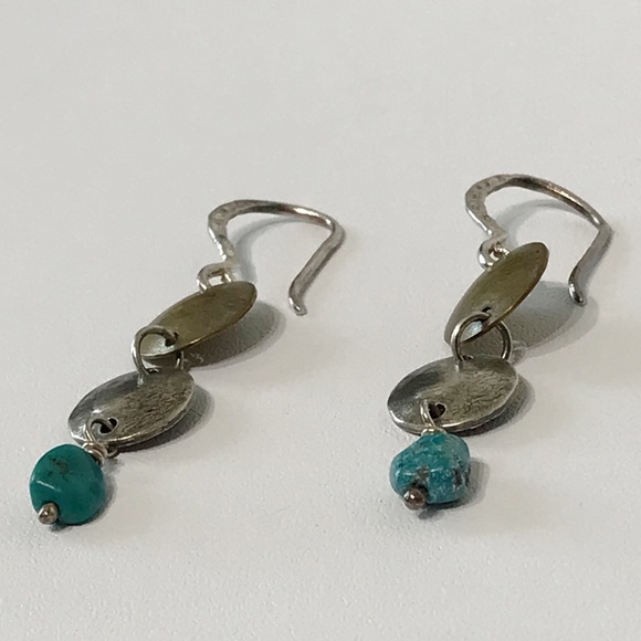 Signed Silpada Sterling Silver Brass Drop Disk Brutalist Turquoise Earrings 925 - Picture 13 of 14
